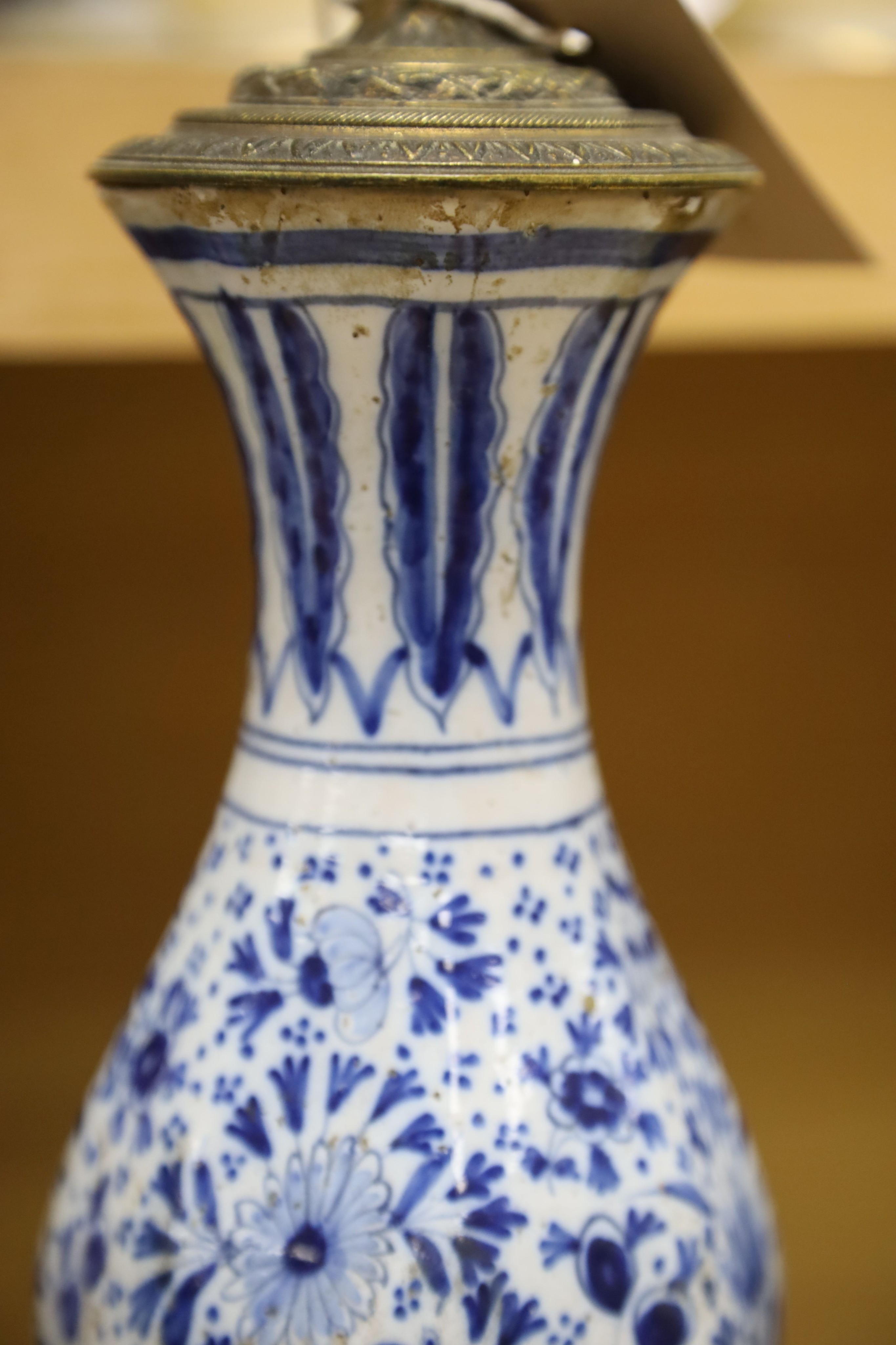 An 18th/19th century Delft blue and white octagonal double gourd vase, mounted as a lamp 50 cm